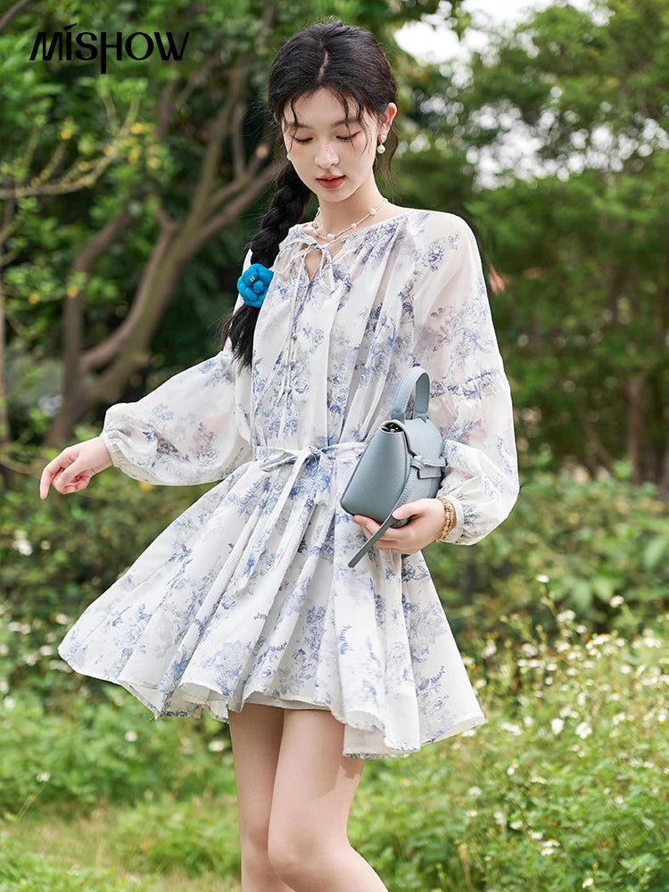 MISHOW Fairy Temperament Floral Puff Sleeved Chiffon Dress Spring Summer 2025 Lace-up O Neck Waist Knee-Length Dress MXD14L1681