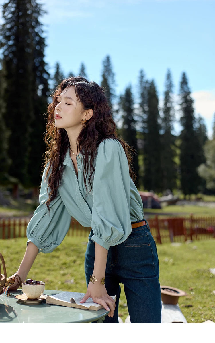 MISHOW Hong Kong Retro Solid Long Sleeve Shirt 2024 Autumn Temperament Loose Tops Lantern Sleeve Embroidery Shirts MXD41C0287