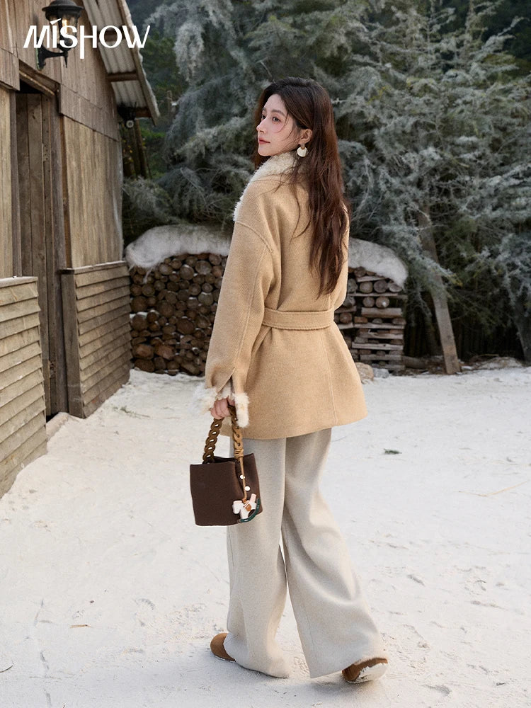 MISHOW Women's Thick Wool Blend Coat 2025 Winter Korean Retro Fleece Patchwork Coats Belted Lapel Elegant Overcoat MXE92W0997