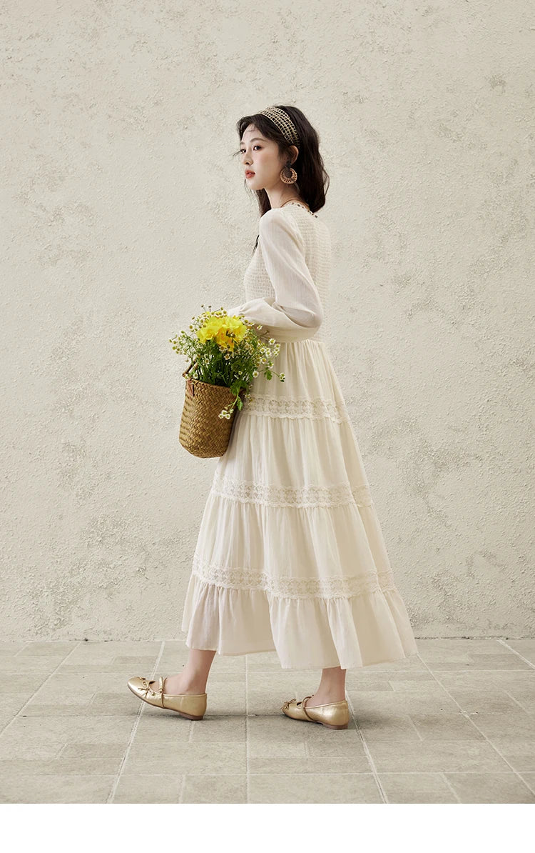 MISHOW Apricot Vacation Dress for Women Spring 100 Cotton Splicing Lace Retro Dress V-neck Waist Slim Long Dresses MXE16L2168