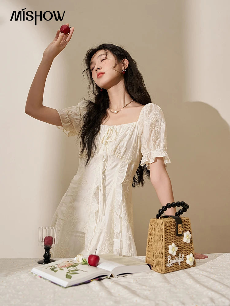 MISHOW Square Neck Vertical Stripe Ruffle Edge Dress 2025 Summer Tea Break French Bubble Sleeve Vacation Long Dresses MXD27L1808