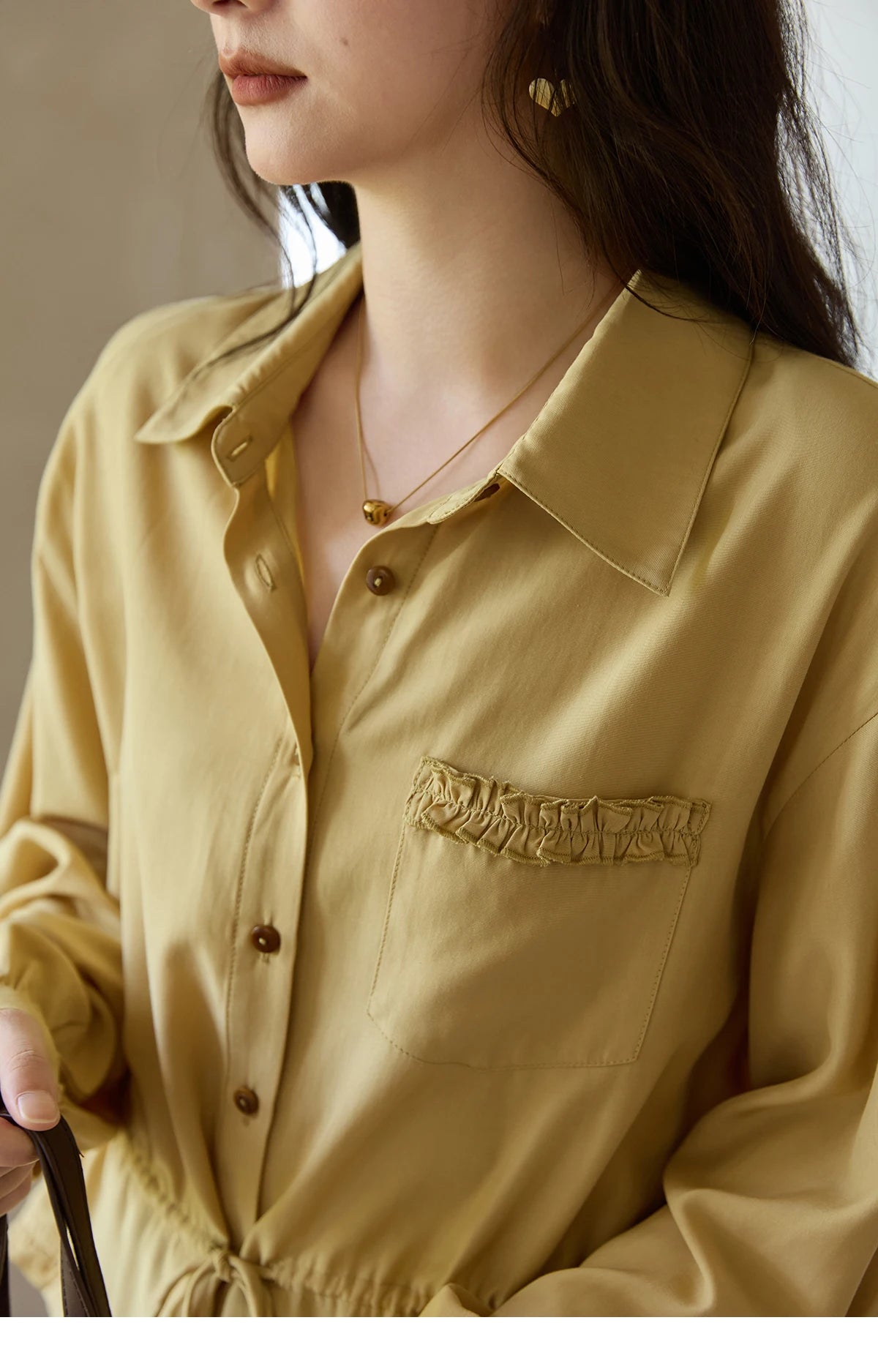 MISHOW Autumn French Drawstring Waist Shirt 2025 Yellow Hem Lotus Leaf Top Female Lapel Lantern Sleeve Commuter Shirt MXE42C2368