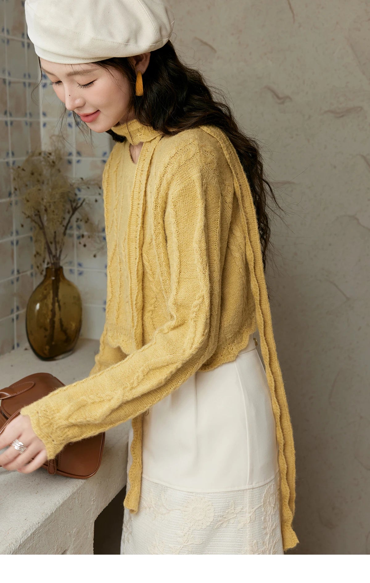 MISHOW Romantic Lace Wave Lace O-neck Knitted Sweater 2024 French Short Top Solid Hollow Elegant Sweater with Belt MPD42Z0736