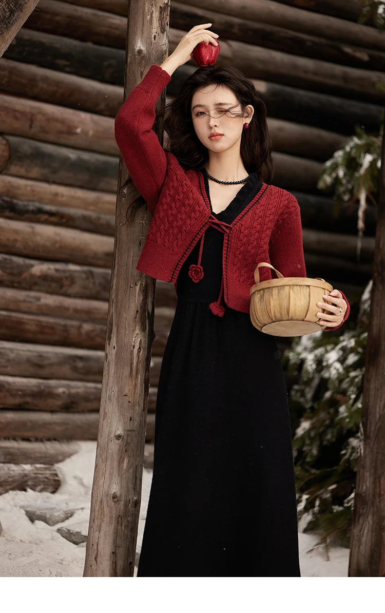 MISHOW Red Knitted Cardigan V-Neck Midi Dresses Separately A-LINE Temperament Grace Dress Flower Lace-up Warm Coat MXD58L2085