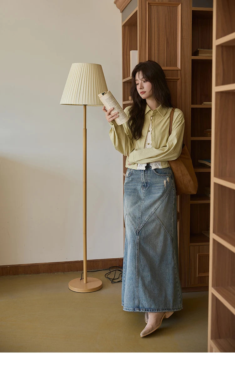 MISHOW Women's Top Green Fake Two Piece Shirt 2025 Autumn Lace Patchwork Lapel Shirts Rear Hem Elastic Short Shirt MXE41C2348