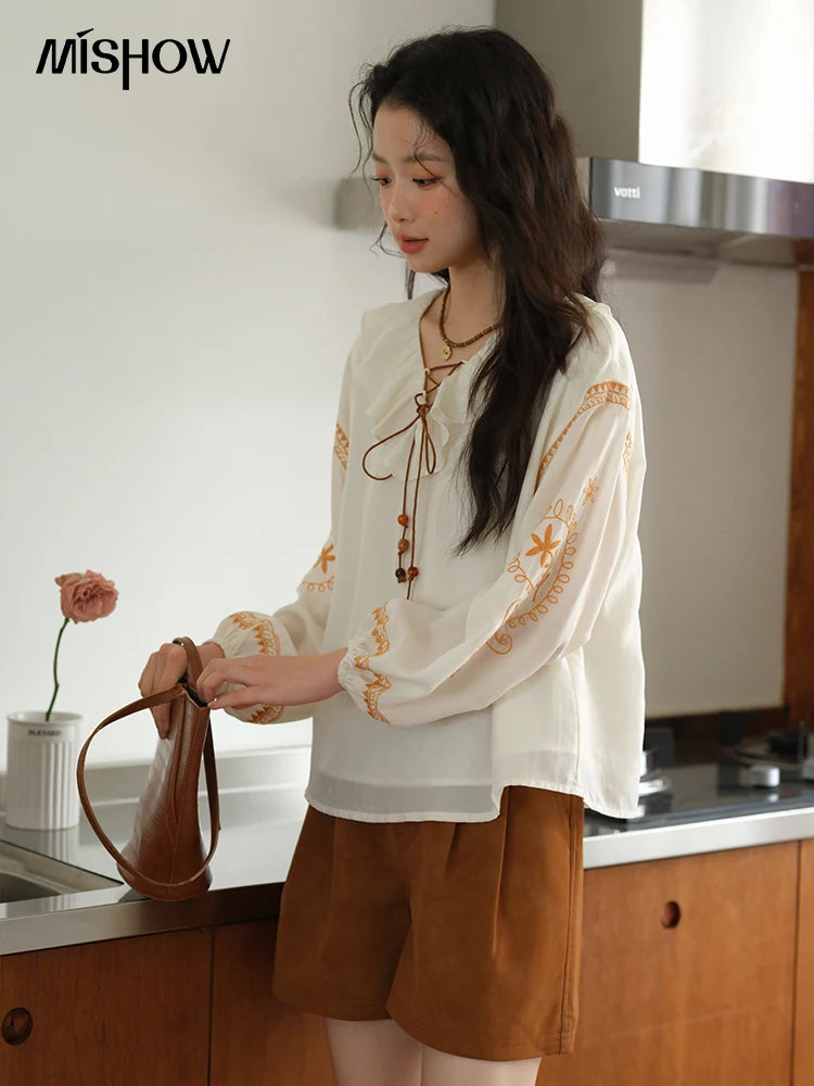 MISHOW Cashew Flower Embroidered Blouse Autumn 2025 Ruffle V-neck Lace Up Tops 100 Lyocell Lantern Sleeves Blouses MXE43X1987
