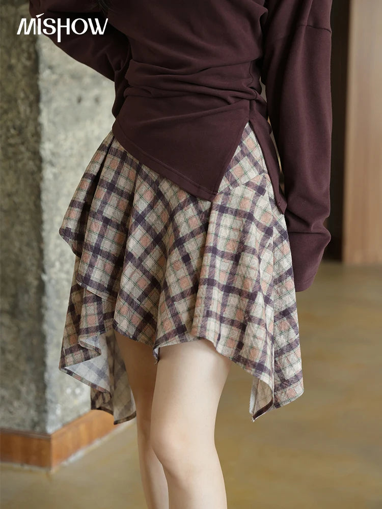 MISHOW Purple Plaid Irregular Skirt for Women Autumn 2025 Linen Blend Invisible Zipper Short Skirt Ruffle Hem Skirts MXE42B2395