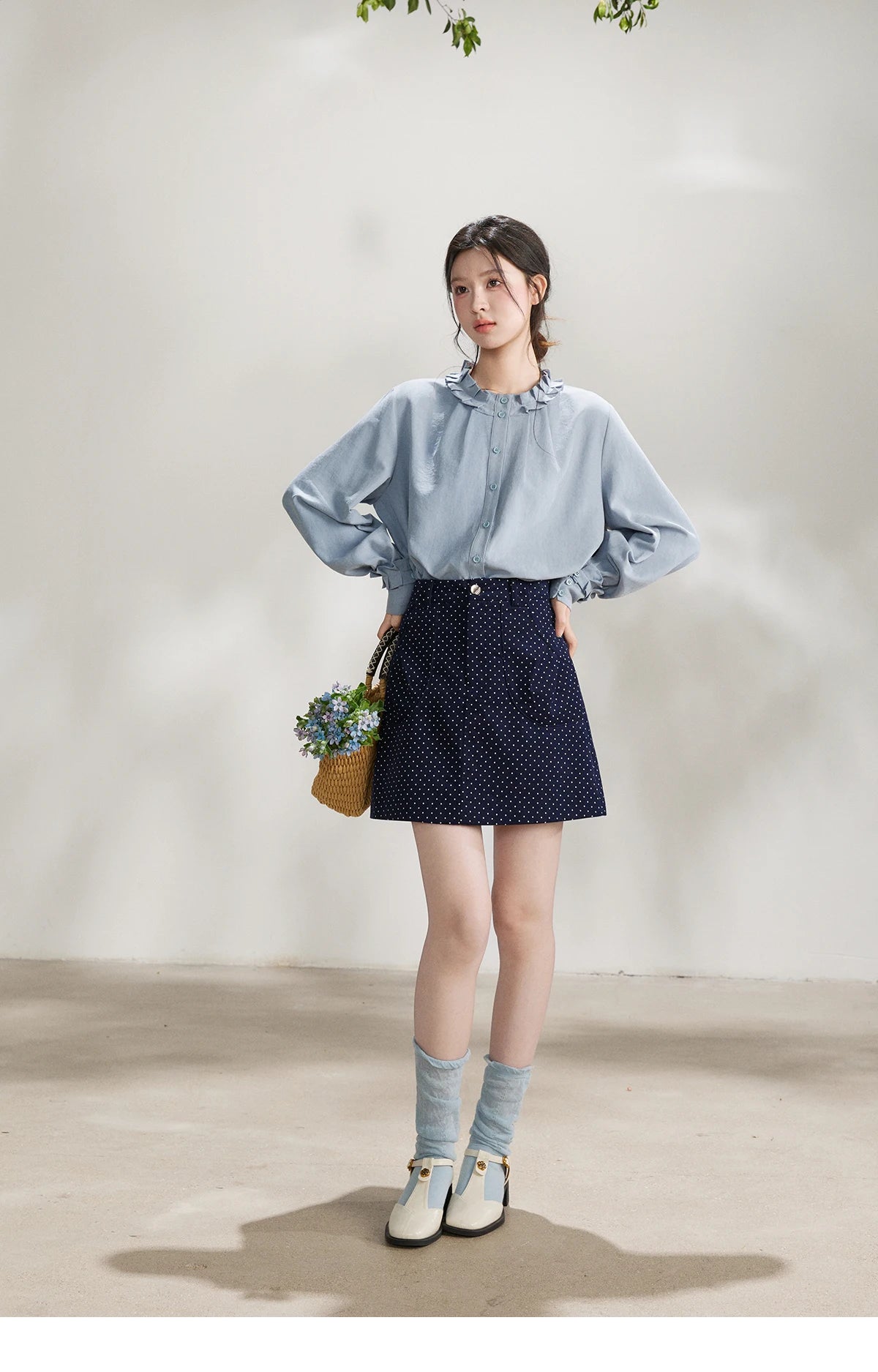 MISHOW Women's Peach Skin Solid Shirt 2026 Spring Ruffled Crew Neck Single-breasted Tops Casual Long Sleeve Shirts MXF11C2431