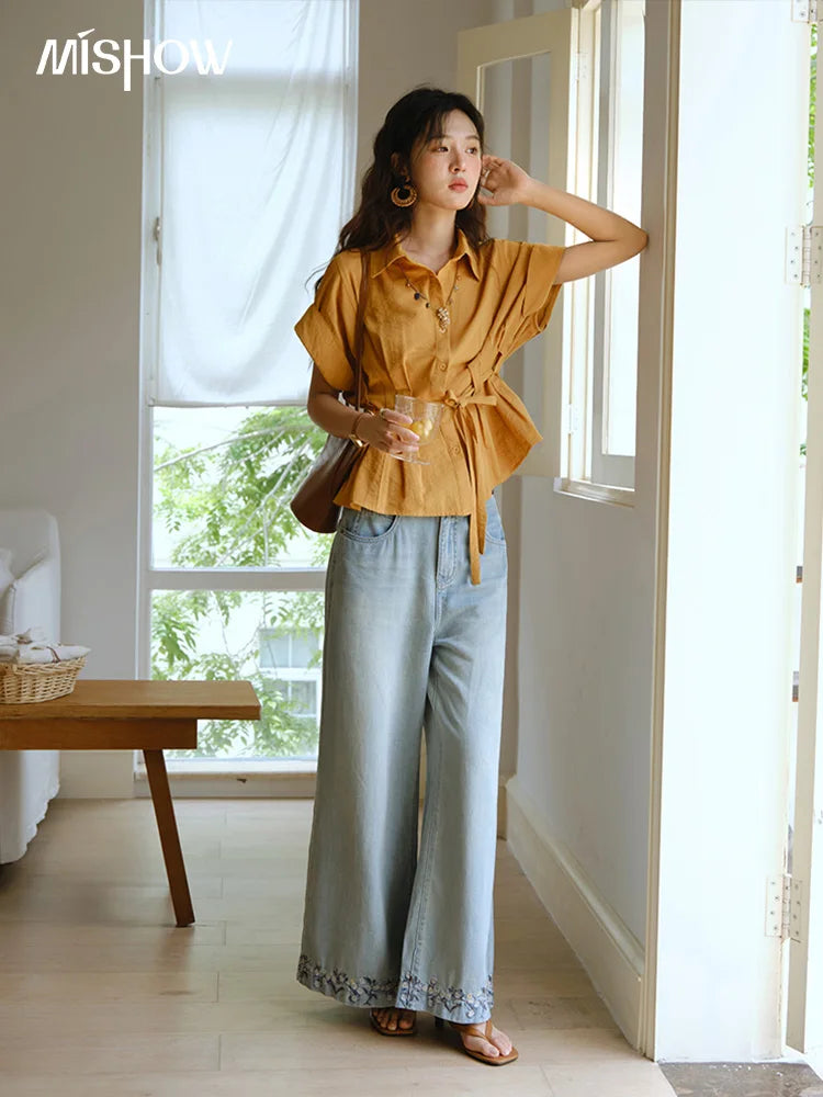 MISHOW Women's Casual Shirt 2025 Summer New Lace Up Button Turn-Down Collar Top Retro Orange Shirt Women's Clothing MXE37C0809