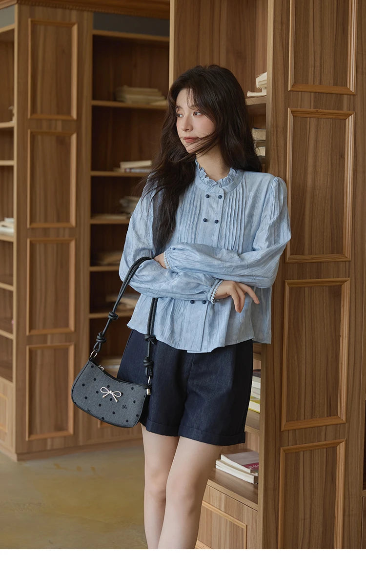 MISHOW Women's Shirt 2025 Autumn Blue Polka Dot Chiffon Loose Shirt Stand Collar Double Row Buckle Lantern Sleeve Top MXE41X1926