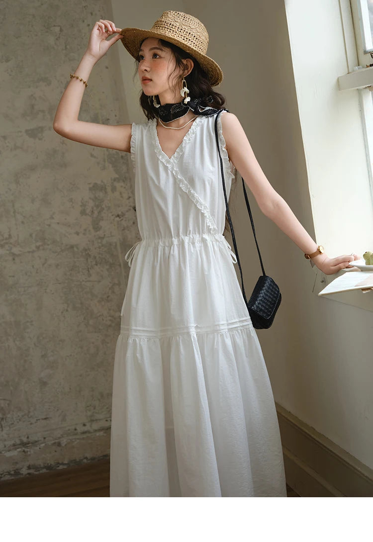 MISHOW Sleeveless Dress for Women Summer 2025 Drawstring Waist Simple Fashion Lace V-neck Dresses Female Clothing MXE37L2331