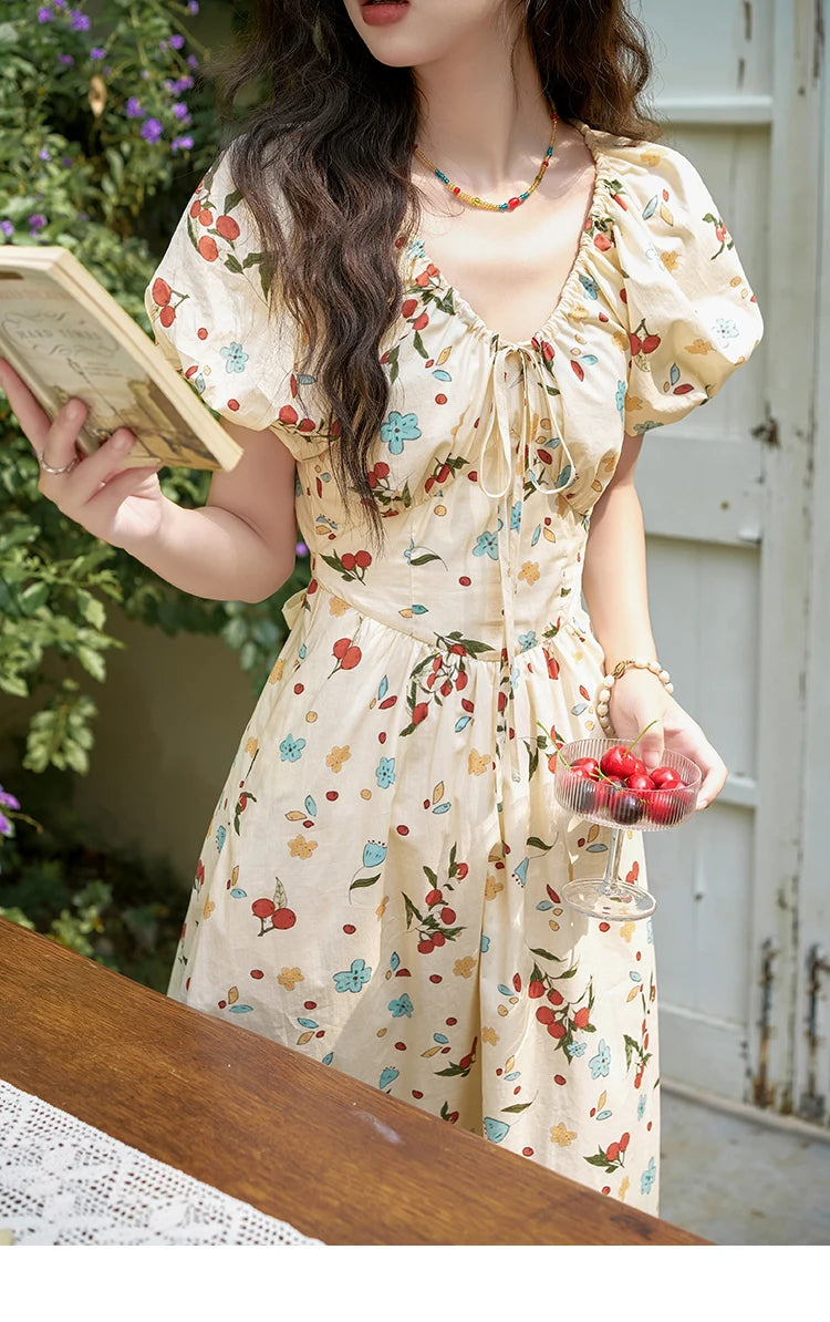 MISHOW French 100 Cotton Floral V-neck Dress Women 2025 Summer Bubble Sleeve Drawstring Lace-up Temperament Dresses MXD30L1868