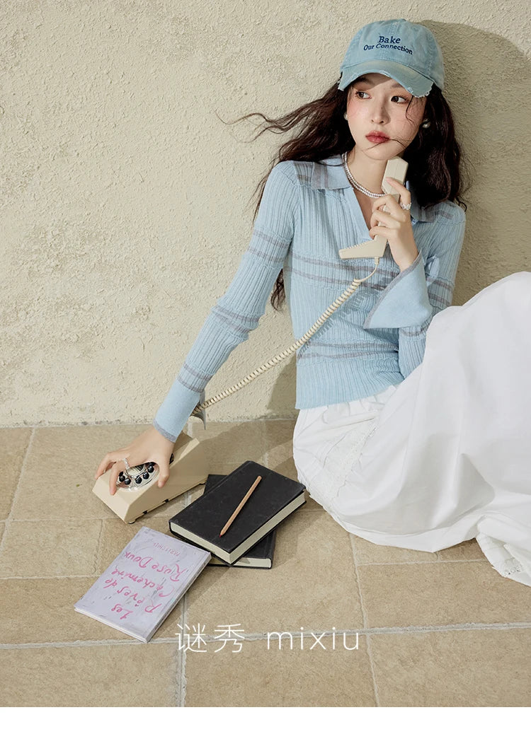 MISHOW Striped Knitted Tops for Women Spring 2025 Contrast Color Striped Slim V-neck Trumpet Sleeves Commuter Outfit MXE13Z1141