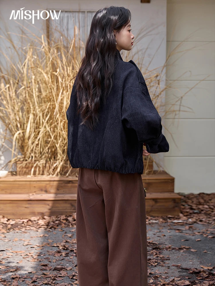 MISHOW Navy Blue Short Jacket for Women 2025 Autumn Winter Safari Style Stand Collar Epaulette Design Cuff Jacket MXE49W0901