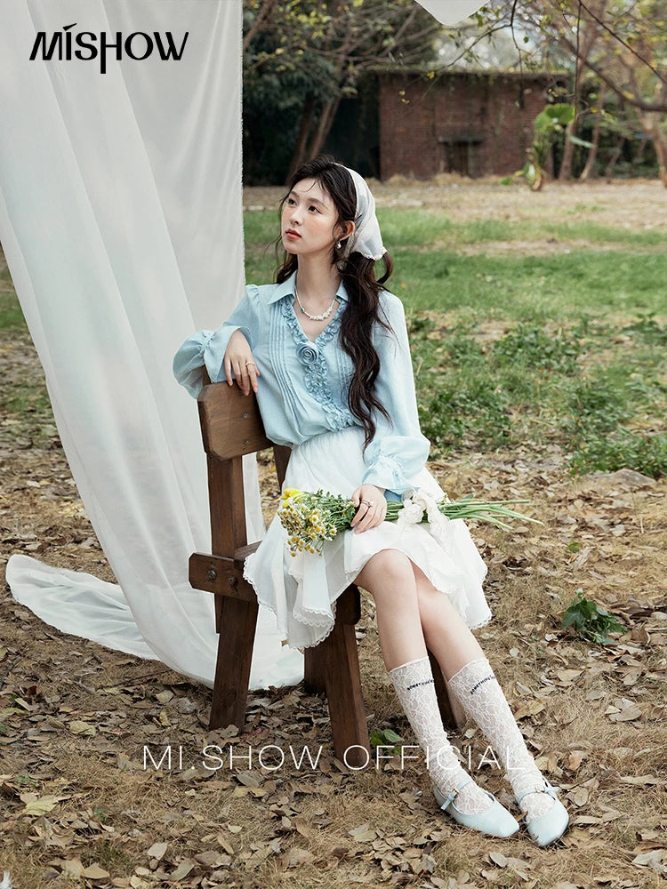 MISHOW Spring New Blouses for Women 2025 V-neck Long Flare Sleeve Solid Shirts Female Fashion Straight Tops Woman MXE14X1730