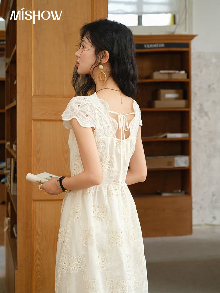 MISHOW Women's Flying Sleeve V-neck Hollow Dress 2025 Summer Embroidery A-line Dress Seaside Vacation Long Dresses MXE39L2404