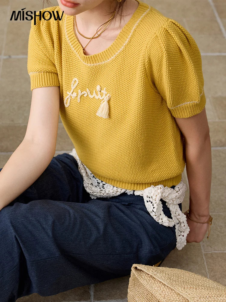 MISHOW French Knitted Pullover Women Summer 2025 Letter Short Sleeve Round Neck Slimming Sweater Female Fashion MXE33Z1219