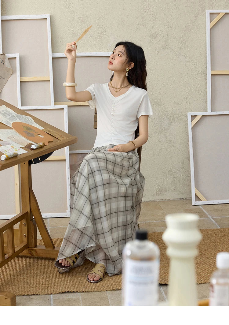 MISHOW V-neck Short Sleeve T-shirt Summer 2025 Mid Front Elastic Fold Single Row Shell Button Tees Casual Slim Tops MXE34T0560