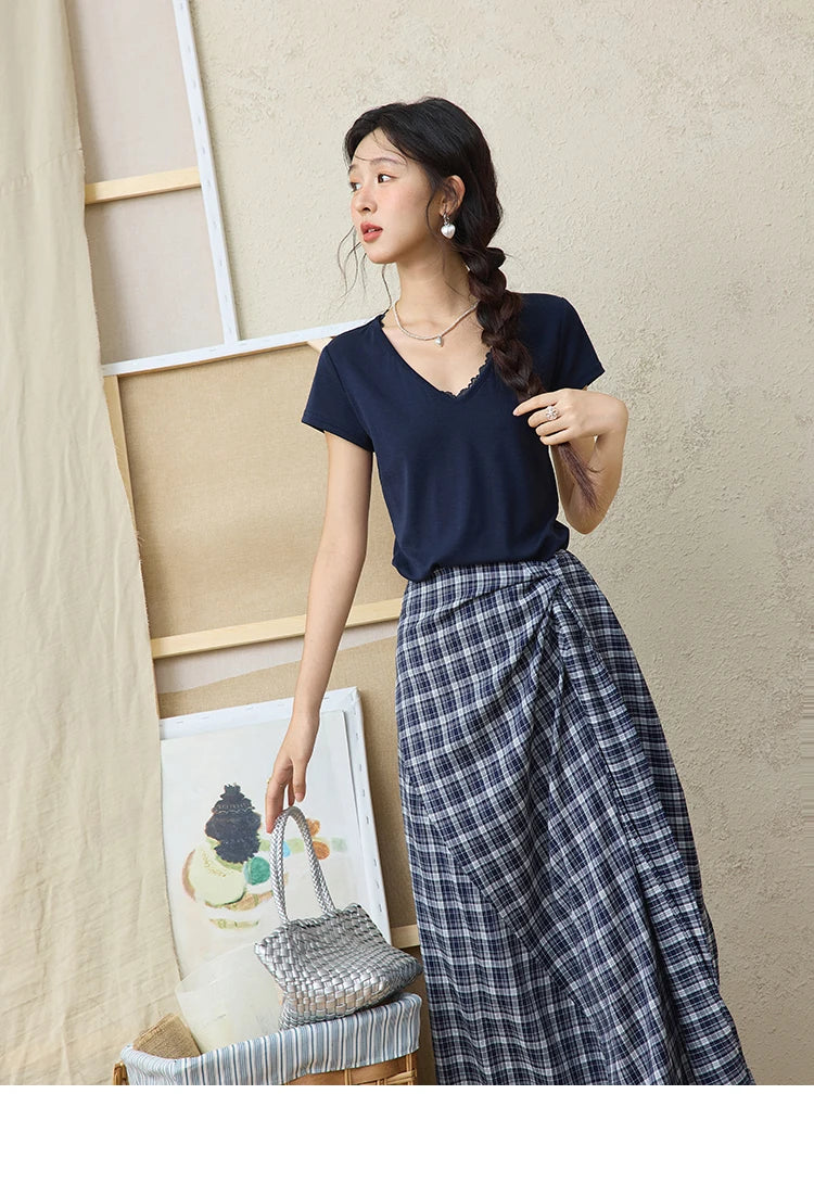 MISHOW Women's Short Sleeve T-shirt 2025 Summer Office Lady Fashion V-neck Spliced Lace Casual Tee Female Clothing  MXE36T0644