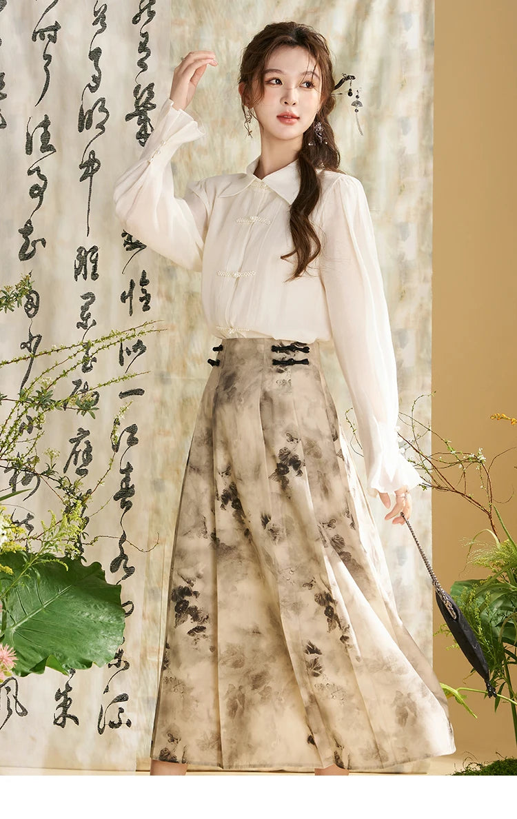 MISHOW Chinese Style Lapel Shirt 2024 Spring Retro Button Pearl Embellishments Folded Cuffs Petal Sleeve Loose Top MXD11X1344