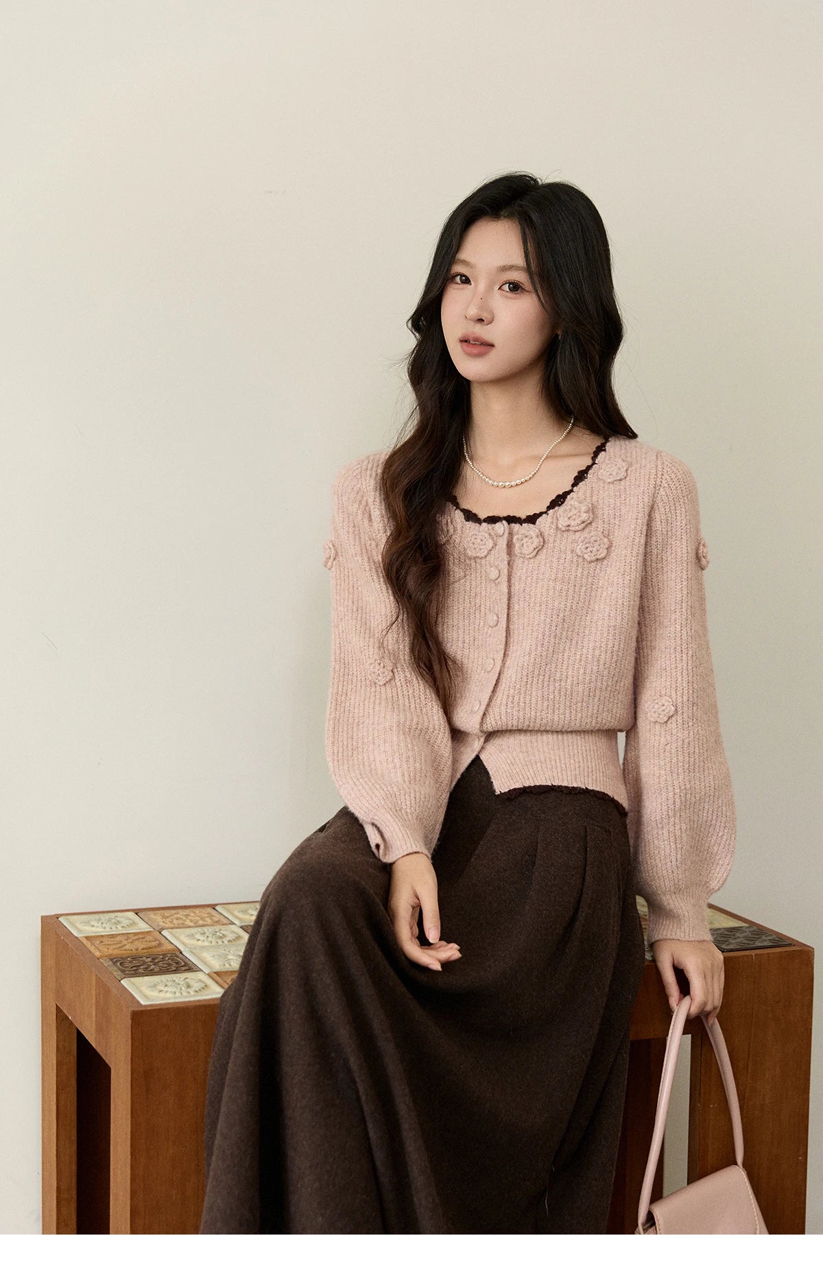 MISHOW Women's Pink Knitted Cardigan 2025 Autumn Winter Flower Decor Lace Trim Button Cardigan Slim Warm Pullover Top MXE94Z2862