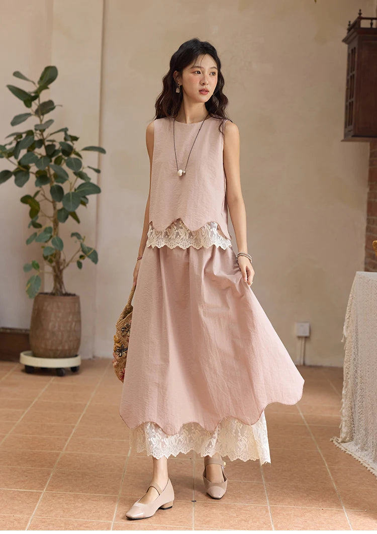 MISHOW Set 2 Piece 2025 Summer Women's O-Neck Lace Patchwork Sleeveless Top Elastic Waist Midi Skirt Elegnat Set MXE36T0641