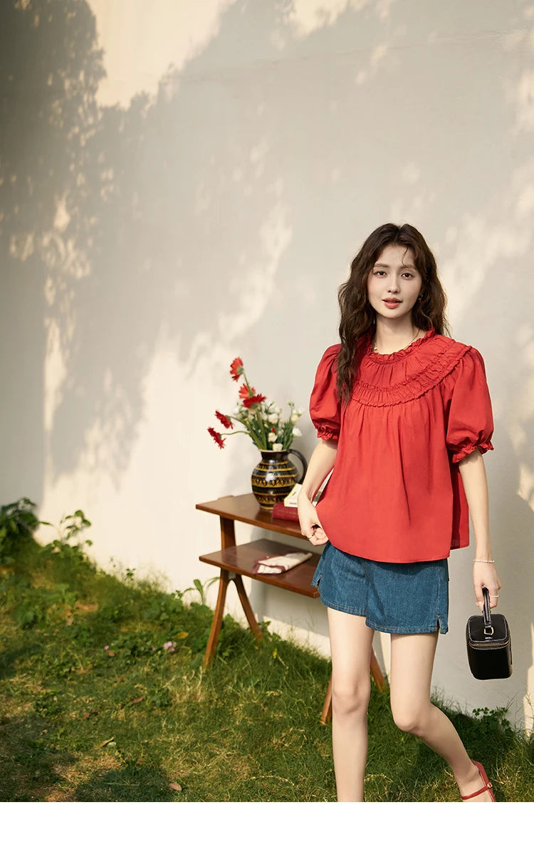 MISHOW French Cotton Bubble Sleeve Blouse Lace Collar MXD23X1500