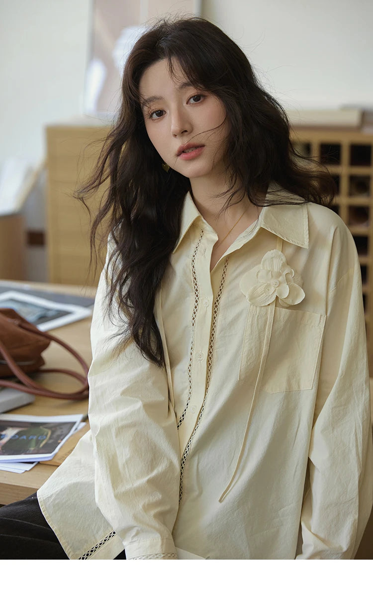 MISHOW 100% Cotton Shirt For Women Autumn 2025 New Fashion Petal Ribbon Button Long Sleeves Shirt Women's Clothing MXE41C2349