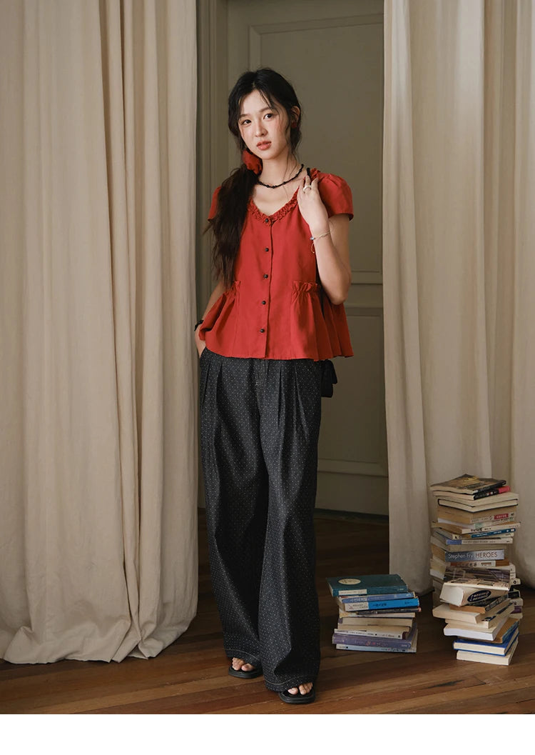 MISHOW Women's Summer Clothes 2025 Fashion Mushroom Edge V-neck Blouse Office Lady Casual Short Sleeve Button Top MXE38X1867