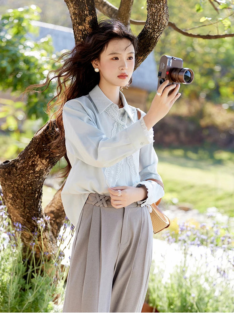 MISHOW French Spring Blouses Women 2025 New Long Sleeve Turn-down Collar Loose Shirts Female Fashion Lace Casual Tops MXE16C0760