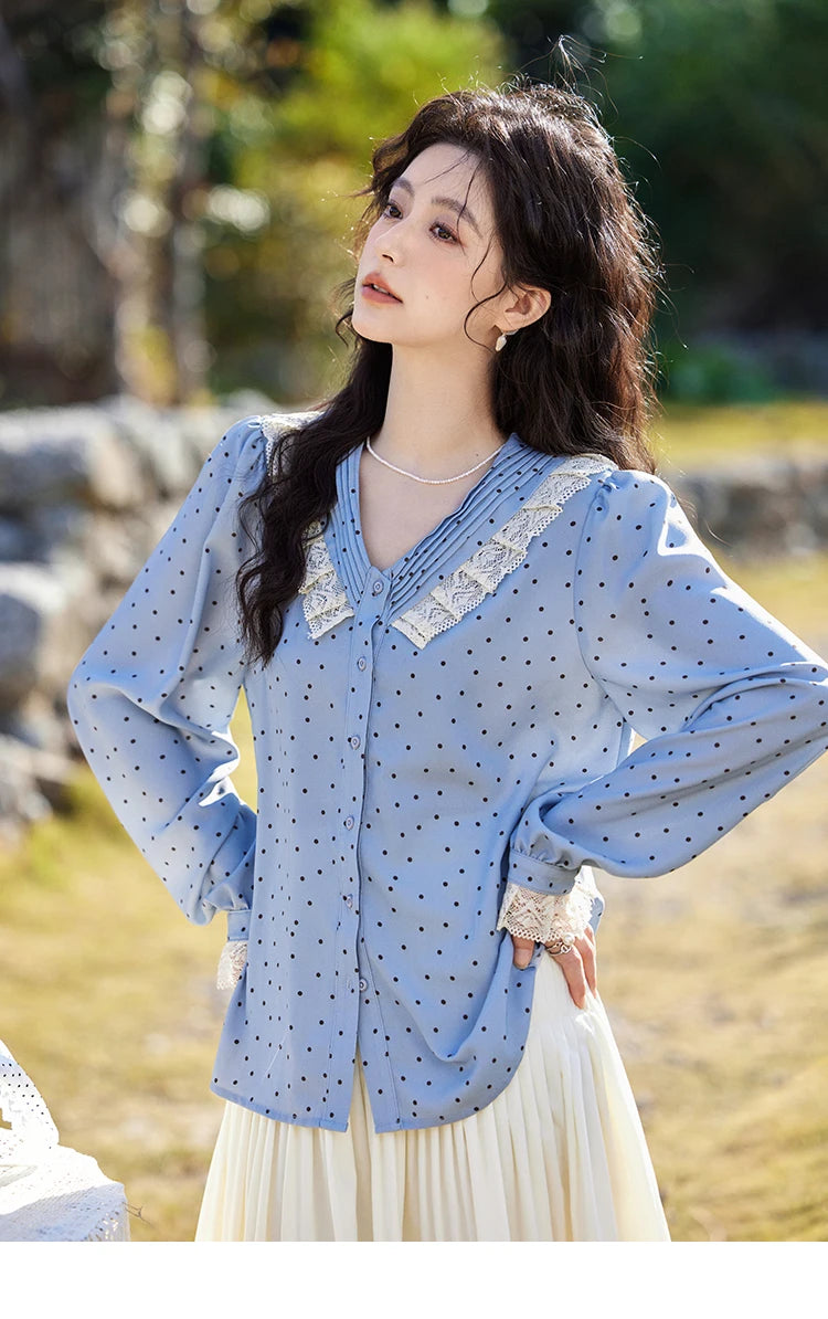 MISHOW Lace Patchwork Polka Dot Shirt for Women Spring 2025 French V-neck Shirt Cuff Splic with Hollowed Out Lace Top MXE12X1707