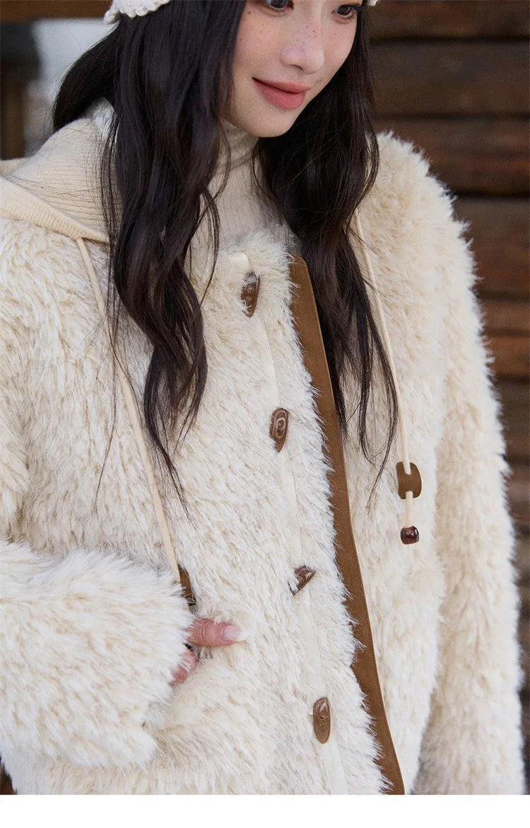 MISHOW Winter Jacket Women 2025 Fashion Beige Knitted Hooded Plush Coat Casual Commute Warm Windproof Short Coat MXE86W0908