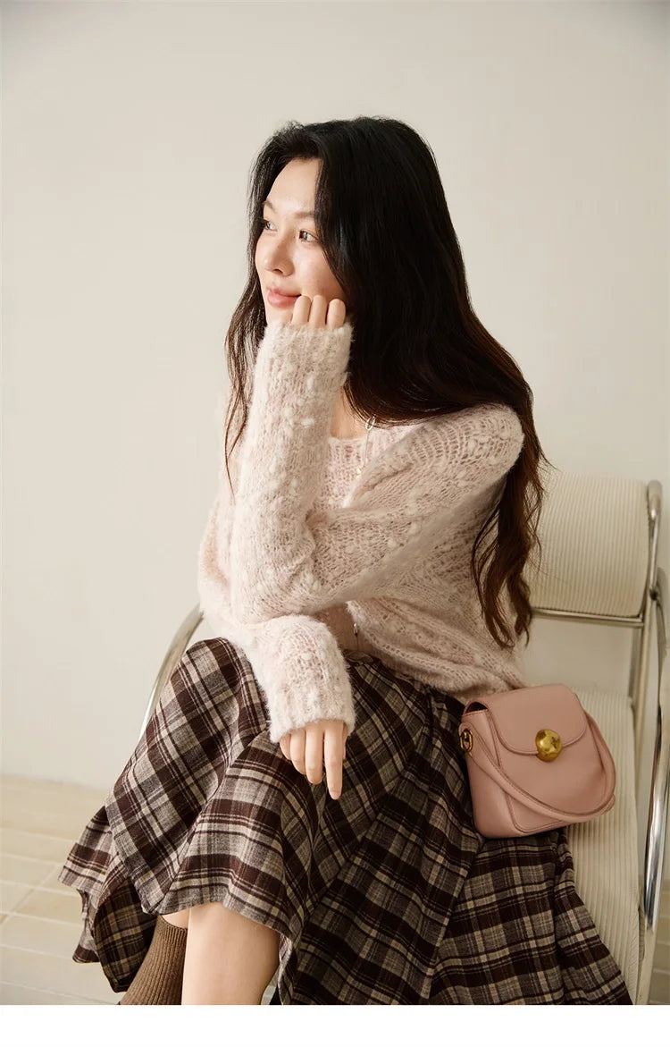 MISHOW Scoop Neck Loose Sweater 2025 Autumn Raglan Sleeve Casual Knitted Top Hollow-out Wool Blend Soft Warm Sweaters MXE46Z2565