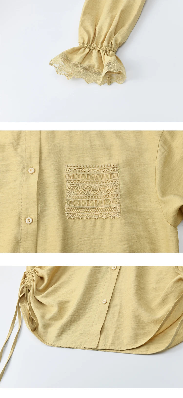 MISHOW Yellow Linen Three Piece Solid Splicing Lace Shirt Camisole Elastic Waist Shorts Vintage Hollowed Out Lace Set MXE42T0718