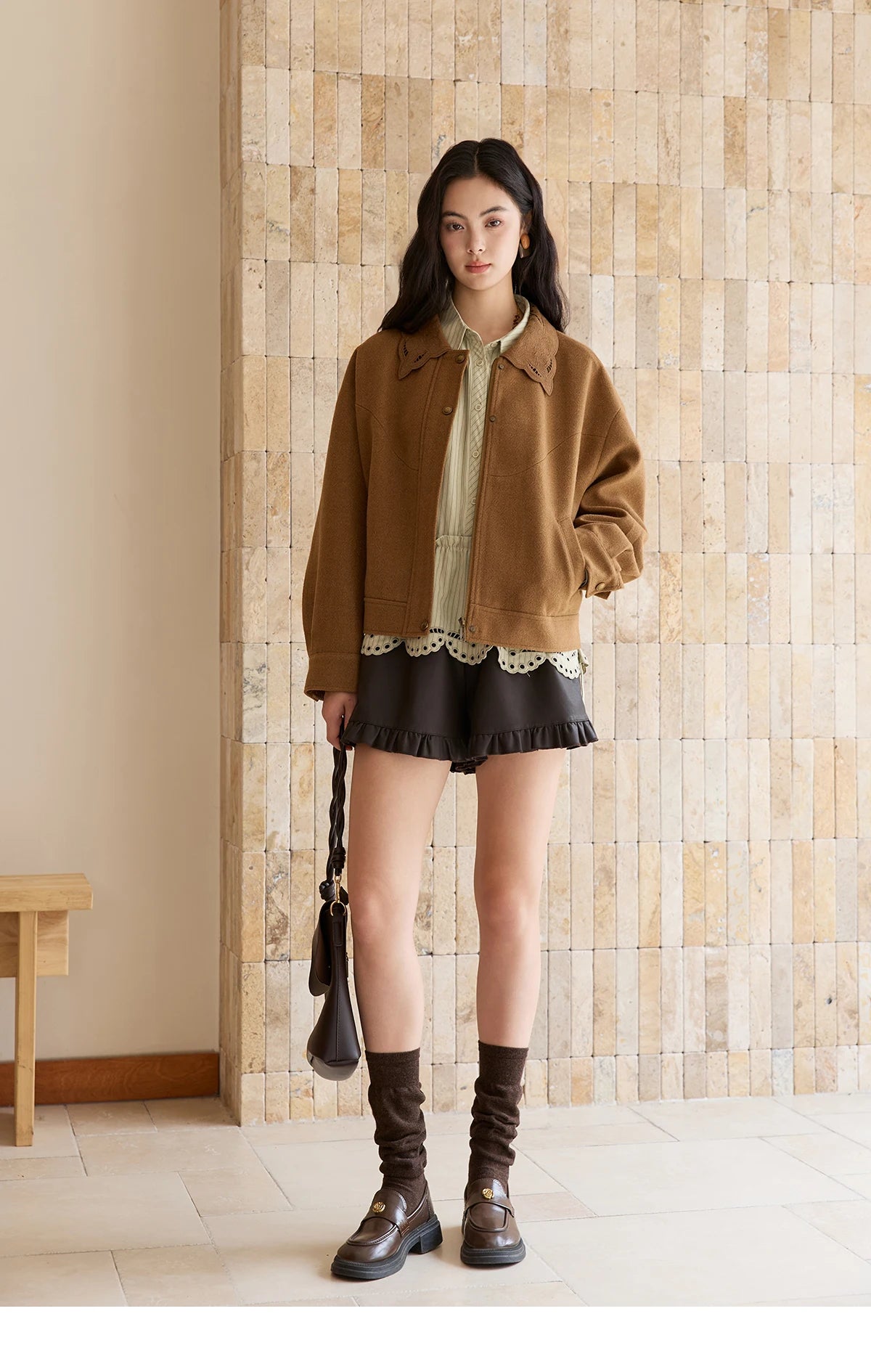 MISHOW Brown Woolen Coat for Women 2025 Winter Hollow Out Embroidery Turn Down Collar Retro Short Loose Casual Coat MXE49W0856