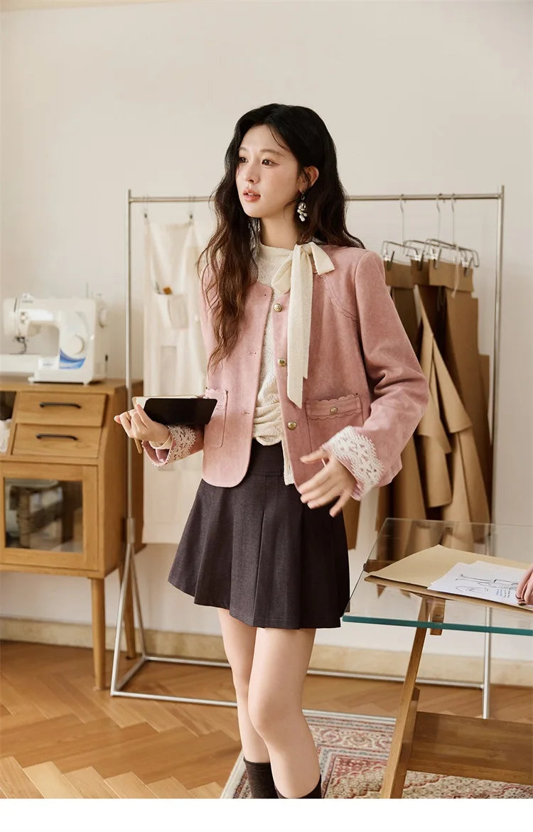 MISHOW Fragrant Suede Jacket for Women Autumn 2025 Cuffs Hollowed Out Lace Short Coats O-neck Metal Button Jackets MXE46W0839