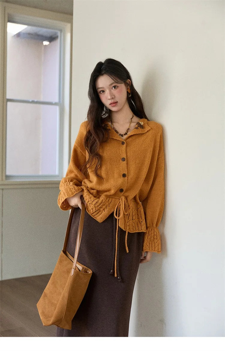MISHOW Orange Cardigan Women 2025 Winter Retro Openwork Crochet Pattern Knit Top Loose Warm Flared Sleeves Sweater MXE87Z2685