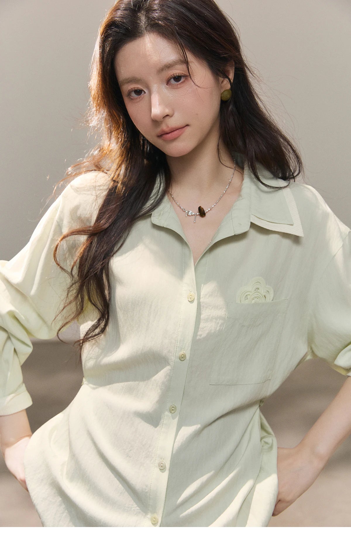 MISHOW Women's Contrast Trim Lapel Collar Shirts 2026 Spring Floral Embroidery Pocket Decor Button Waist Casual Shirt MXF13C2440