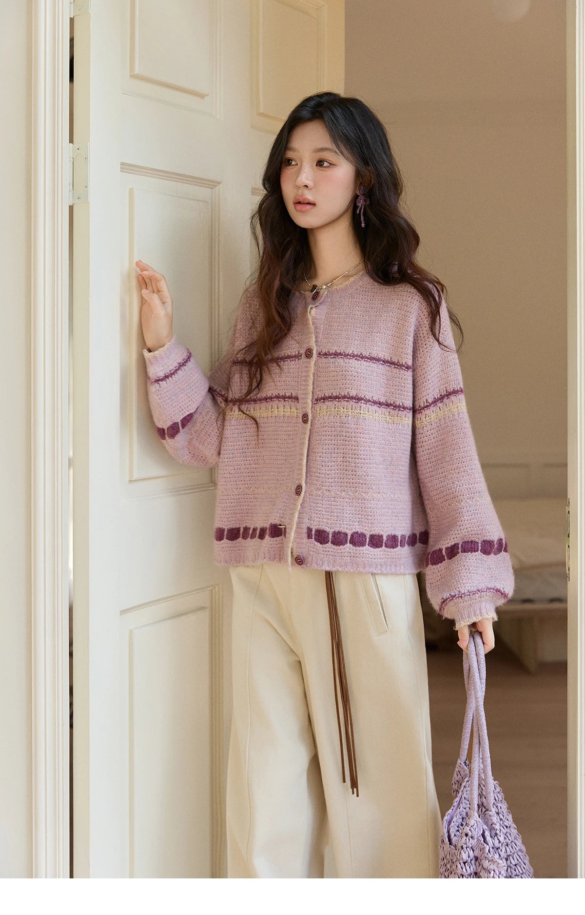 MISHOW Women's Lilac Knit Cardigan 2026 Spring Striped Dot Pattern Crew Neck Tops Single Breasted Warm Loose Sweater MXF11Z2897