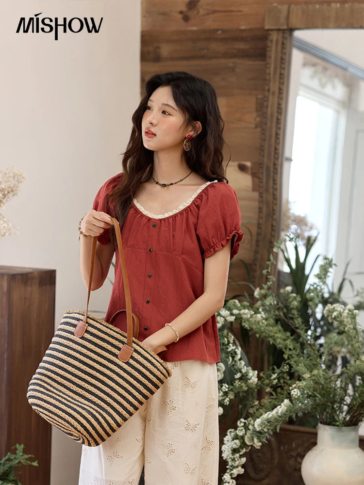 MISHOW French Summer Shirts for Women 2025 Short Puff Sleeve Lace Colla Slimming Blouses Female Sweet Fashion New MXE35X1827