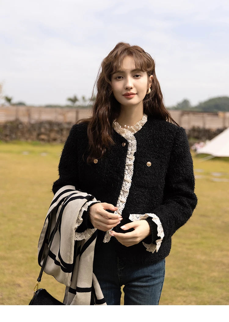 MISHOW Wool Coat for Women Winter Korean Retro Lace Splicing Lamb Wool Button Pockets Thickened Warm Female Coat MXB43W0720