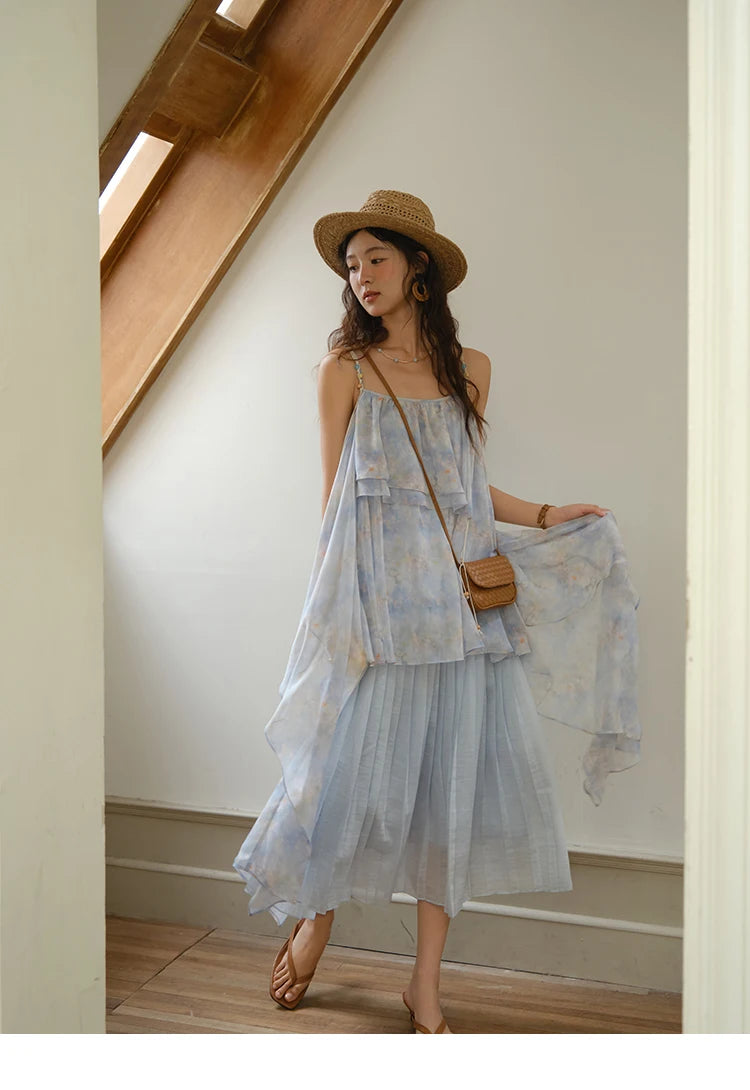 MISHOW Fashion Print Strap Dress for Women 2025 Summer New Multi Layer Ruffle Edge Splicing Sleeveless Midi Dresses MXE35L2233