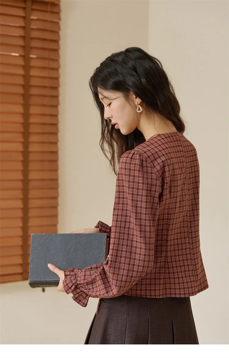 MISHOW Women's Red Tied Plaid Shirt 2025 Autumn New Arrival Sweet 3D Floral Turn-Down Collar Long-Sleeve Blouse Women MXE45X2481