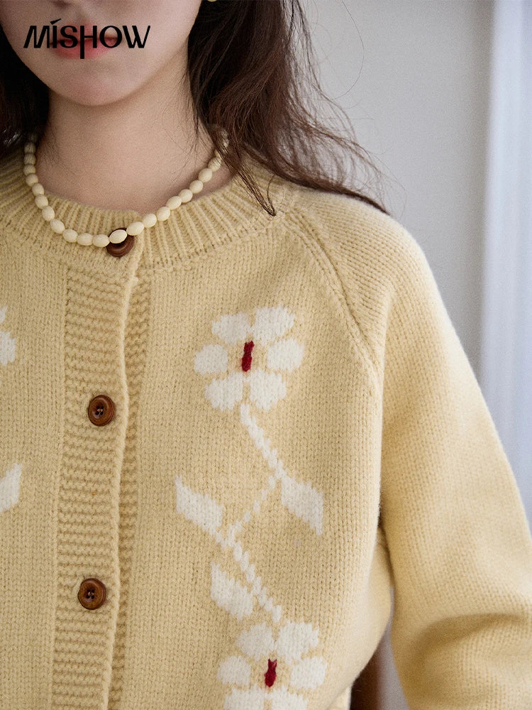 MISHOW Women Yellow Cardigan Long Sleeve 2025 Winter Sweet Style Floral Jacquard Cardigan Retro Short Loose Knit Top MXE86Z2738