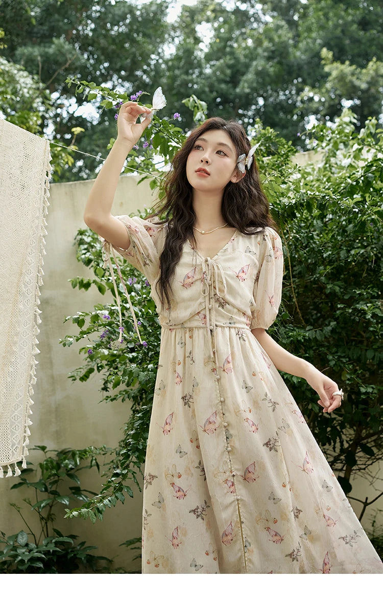 MISHOW Butterfly Printing Dress for Women 2025 Summer Luxury Elegant V-neck Lace-up Bubble Sleeves Slim Long Dress MXD15L1778