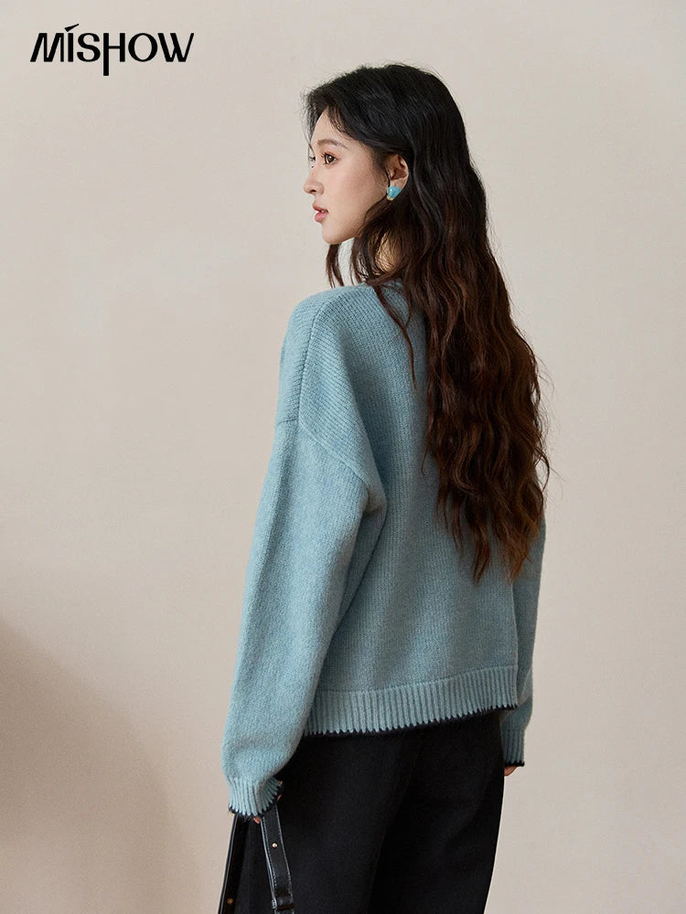 MISHOW Women's Yellow Knitted Cardigan 2025 Autumn Winter Color Collision Edge Sweater Pockets Loose Warm Casual Tops MXE94Z2973