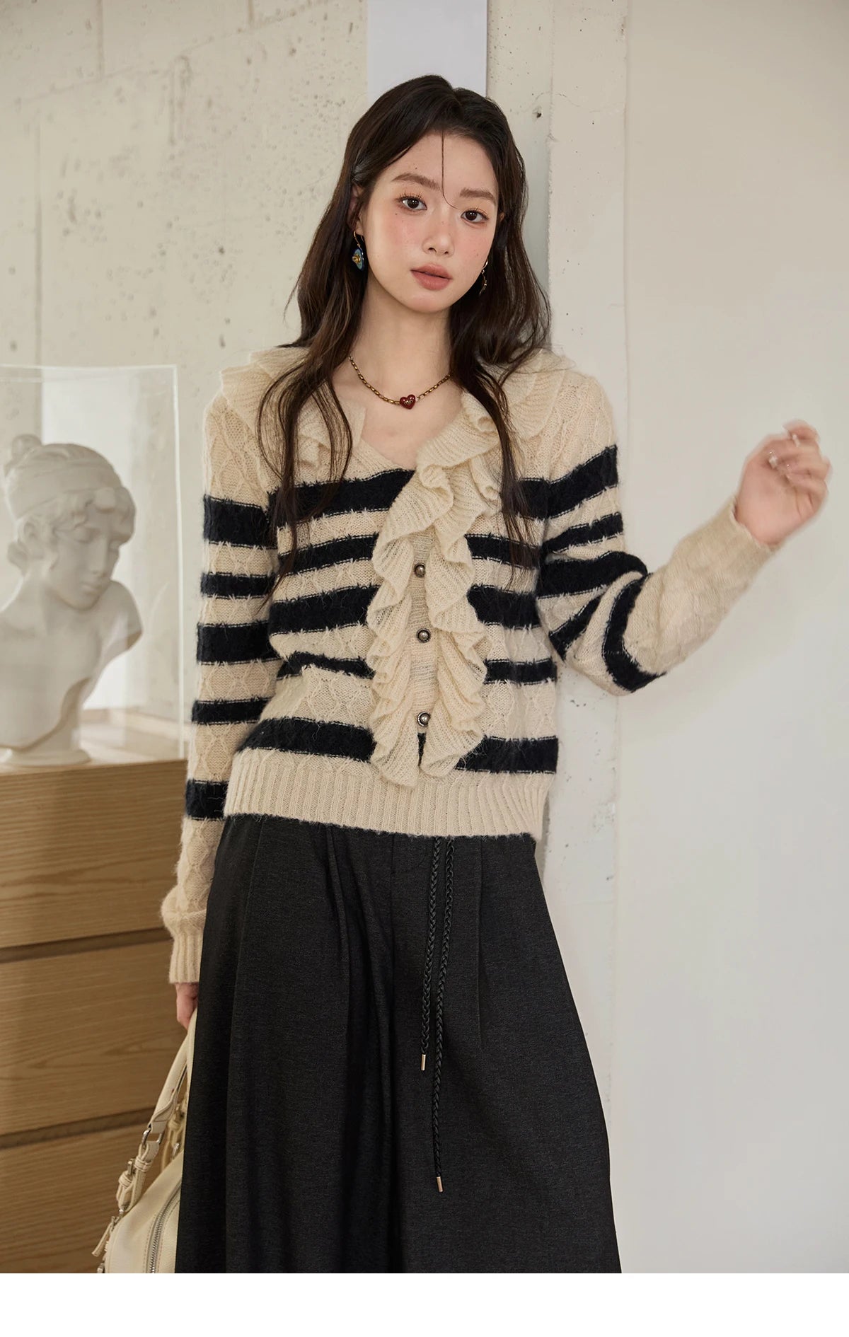 MISHOW Striped Sweater for Women 2025 Autumn New Asymmetrical Ruffled Diamond Shape Knitted Retro Women's Cardigan MXE51Z2633