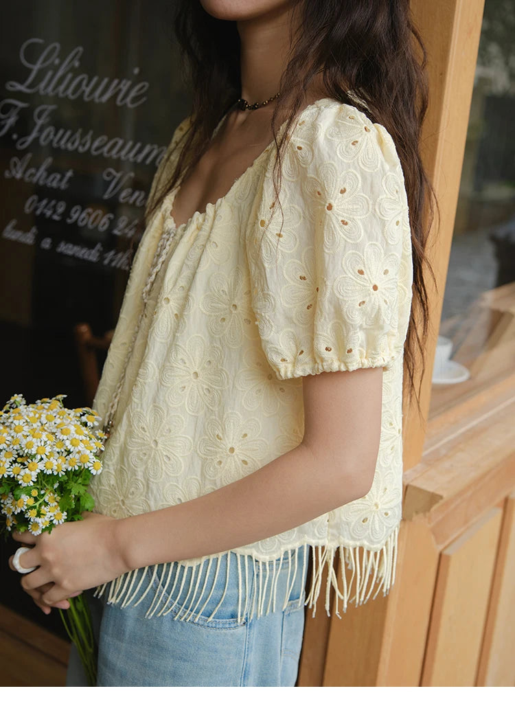 MISHOW Women's Fashion Hollow Out Blouse Summer 2025 Embroidery Puff Sleeve Square Collar Tassel Ladies Casual Top MXE37X1851