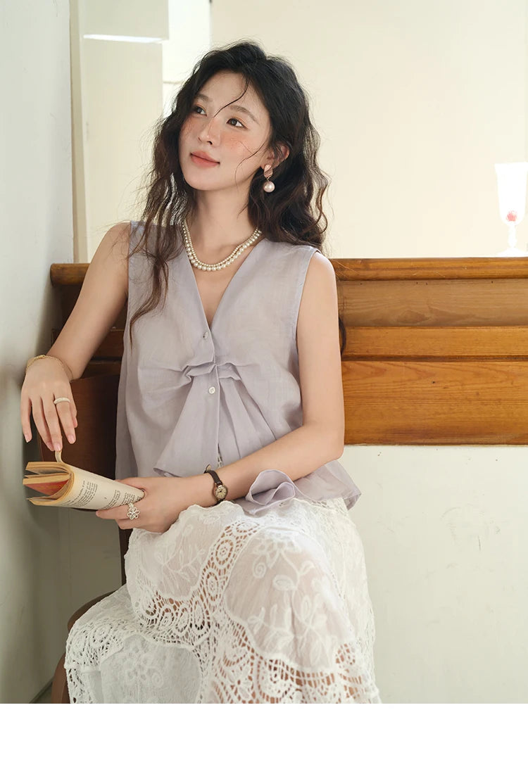 MISHOW Sleeveless V-Neck Blouse Button Detail MXE39X1960