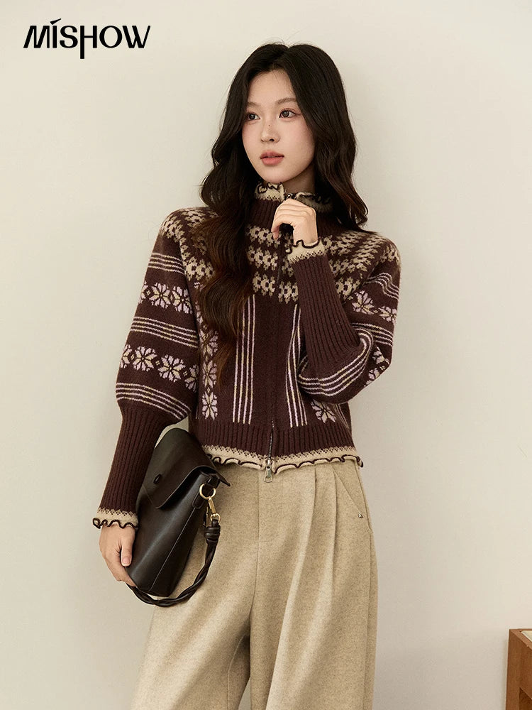 MISHOW Women's Brown Knitted Fair Isle Sweater Vintage Jacquard Lantern Sleeves Zipper Top Ruffled Trim Warm Sweaters MXE91Z2868